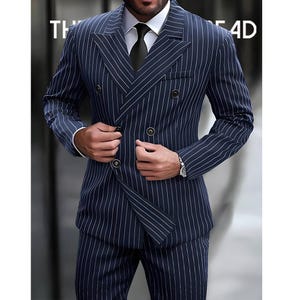 Men&#39;s Double-Breasted Pinstripe Suit Navy Blue Wool Blend Classic Tailored Fit.