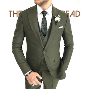 Olive Green 3 Piece Men’s Suit Slim Fit Formal Suit with Vest.