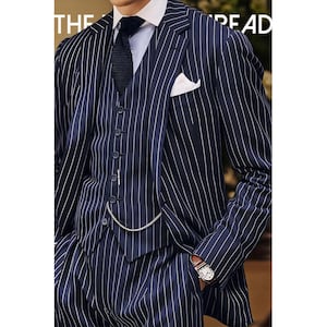 Men’s Vintage Look 3-Piece Navy Blue Suit Pinstripe Suit Notch Lapel Vintage Classic Fit.