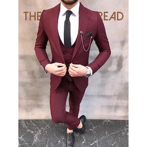 Men’s Maroon Three-Piece Slim Fit Suit Formal Wedding and Party Wear.