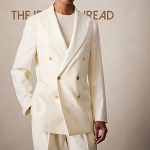 Ivory Merino Wool Double-Breasted Suit: Slim Fit Tuxedo with Golden Buttons