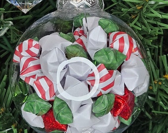 Red, Green, and White Origami Star Filled Globe Ornament READY TO SHIP