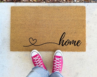 Home with Heart Script – 16x24" 17x30" 24x36" – Coir Welcome Mat Porch Rug Cozy Entryway Decor Cute Doormat Gift Neutral Simple House Style