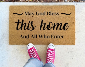 May God Bless This Home and All Who Enter – 16x24" 17x30" 24x36" – Faith Doormat Religious Rug for Porch Entryway Christian Home Welcome Mat