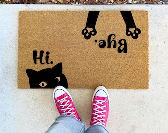 Hi Bye Cat Paws – 16x24" 17x30" 24x36" – Cute Reversible Doormat with Black Cat Coir Rug for Porch Entryway or Cat Lover Gift