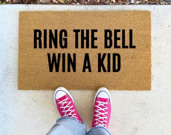 Ring the Bell Win a Kid Door Mat - 16x24" 17x30" 24x36" Sizes, Home Entryway Rug, Humor Housewarming Gift, Funny Front Porch Decor