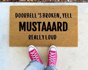 Doorbell’s Broken Yell Mustard – 16x24" 17x30" 24x36" Funny Guest Rug Coir Doormat for Porch Entryway or Housewarming Gift with Quirky Humor