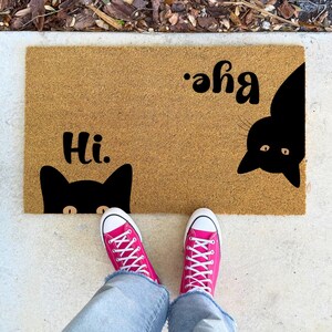 Hi Bye Cat Face – 16x24&quot; 18x30&quot; 24x36&quot; – Cute Reversible Doormat with Black Cat Design Coir Rug for Entryway Porch or Gift for Cat Lovers