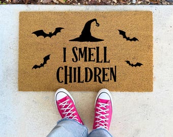 I Smell Children Doormat – Witch Inspired Halloween Decor, 16x24" 17x30" 24x36" – Spooky Rug, Fall Decor, Pumpkin Theme, Football Season