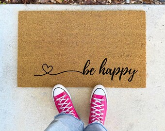 Be Happy with Heart – 16x24" 17x30" 24x36" – Cute Coir Welcome Mat Positive Rug Porch Entryway Gift Idea Sweet Doormat Housewarming Decor