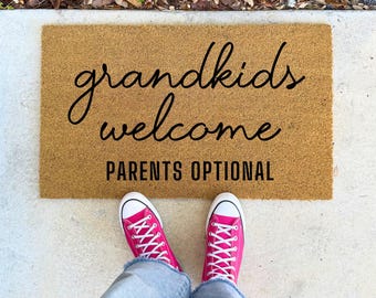 Grandkids Welcome Parents Optional – 16x24" 17x30" 24x36" – Funny Doormat for Grandparents Family Rug Coir Entry Mat Housewarming Gift