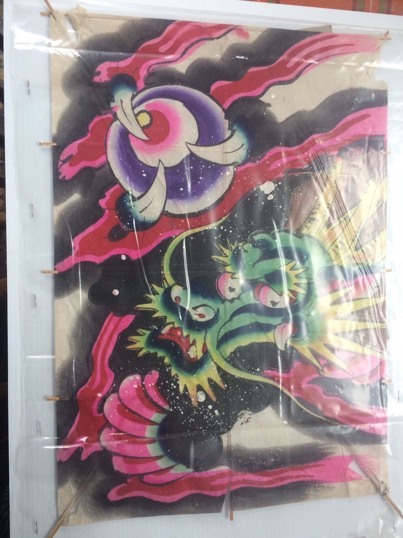 Antique Vintage Chinese Kite Green Dragon Art Handpainted