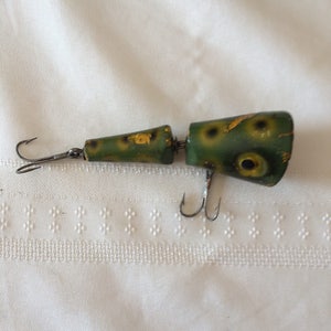 Vintage Wooden Lure Spotted Green and Yellow Wood Lure with Two Hooks Collectible Lure