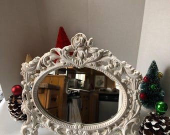 Vintage Art Nouveau White Mirror Floral Design Cast Iron