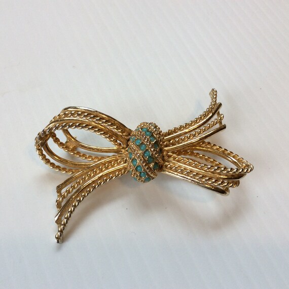 Vintage Brooch Gold Tone With Turquoise - image 4