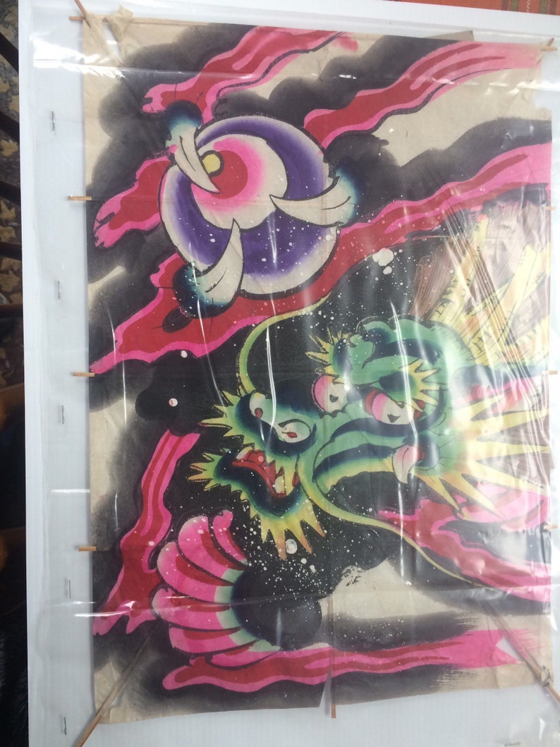 Antique Vintage Chinese Kite Green Dragon Art Handpainted