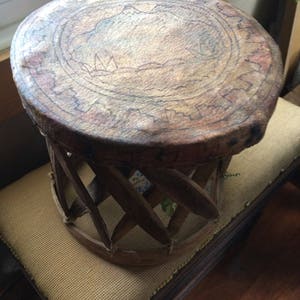 Vintage Boho Stool Leather and Wood Mountain Design