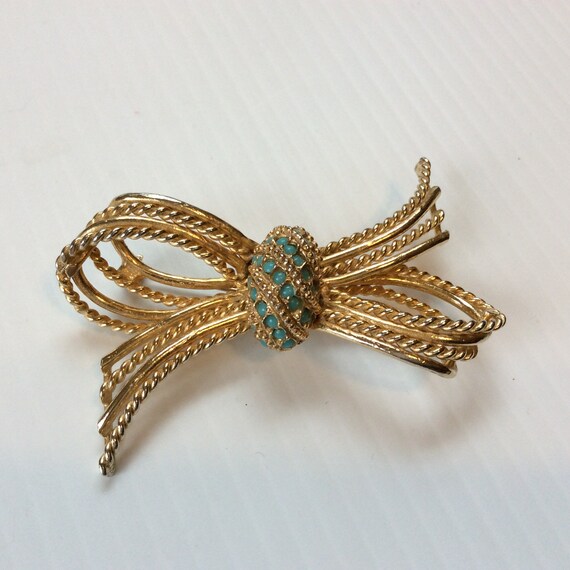 Vintage Brooch Gold Tone With Turquoise - image 2