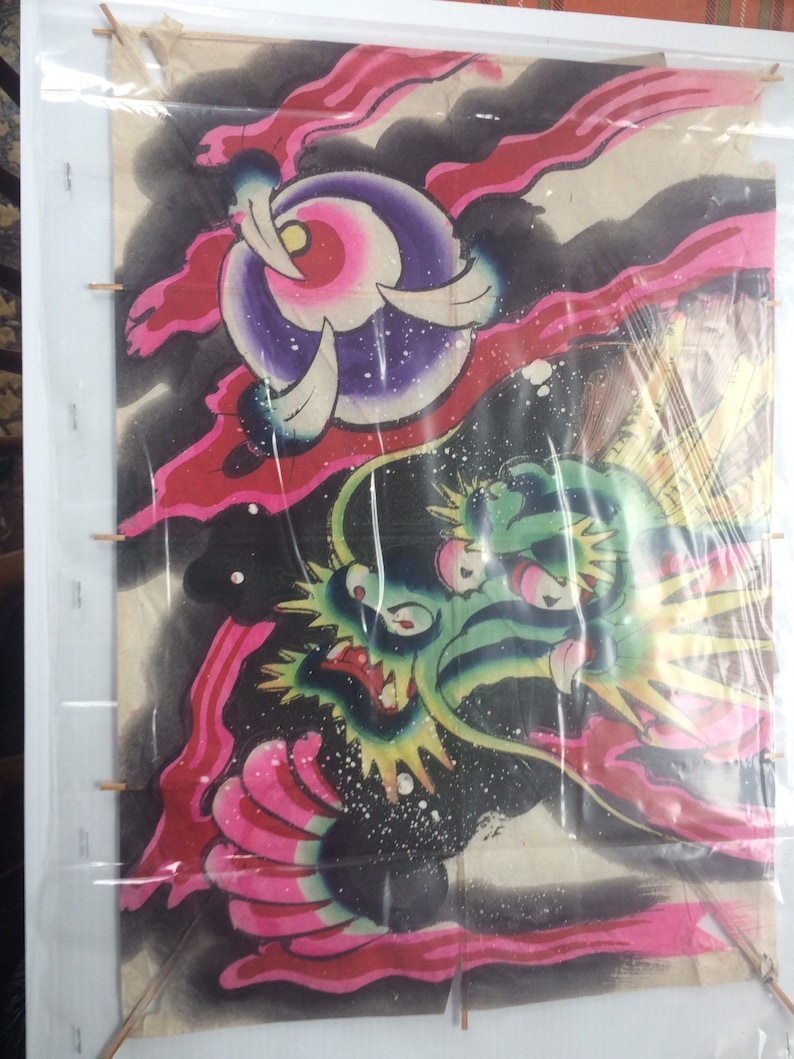 Antique Vintage Chinese Kite Green Dragon Art Handpainted