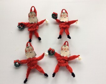 4 Chenille Santas New Handmade With A Wreath And Bell