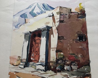 Vintage Watercolor Painting of Adobe House 1950s to 1960s