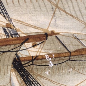 May include: Close-up of a ship's rigging, showing the intricate network of ropes and spars. The sails are white and the ropes are brown and black. The image is a watercolor painting.