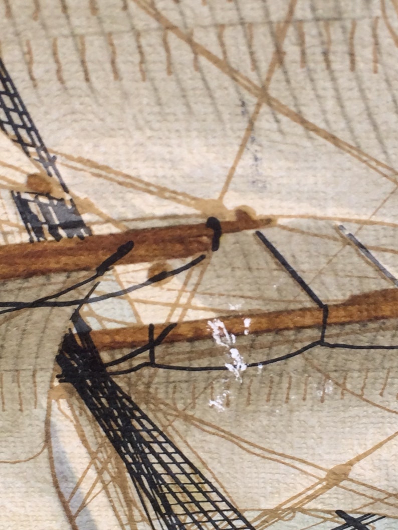 May include: Close-up of a ship's rigging, showing the intricate network of ropes and spars. The sails are white and the ropes are brown and black. The image is a watercolor painting.