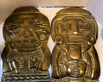 Vintage Large Mayan Aztec Brass Metal Gods Art Collectible Wall Decor