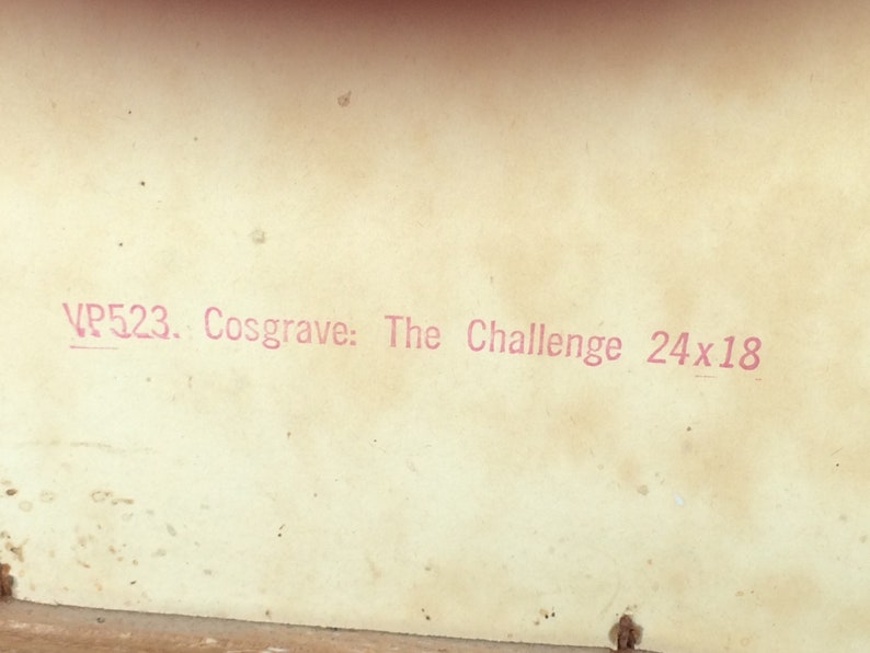 May include: A close-up of a white label with pink text that reads "VP523. Cosgrave: The Challenge 24x18".