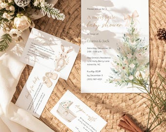 Op de afbeelding: Babyborrel uitnodiging met een bloemenontwerp en de tekst "A merry little baby shower". Inclusief een luier verloting kaart, een bedankkaart en een "boeken voor baby" kaart. De uitnodiging is versierd met een aquarel illustratie van een kerstboom.