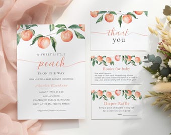 Summer Peach Baby Shower Invitation Set, Sweet Little Peach Invite Package, Editable Canva