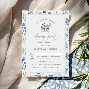 Blueberry 1st Birthday Invitation: Berry Theme, Editable Canva Template (Digital Download 5x7&quot;), BD-I16