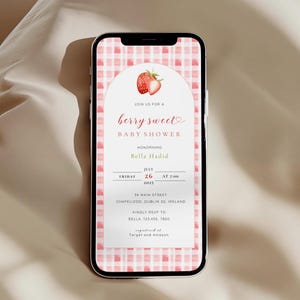 Invitations modifiables de fraises pour baby shower, invitation électronique de baby shower aux fraises, E-vite de baby shower doux aux baies, thème fraise, BA-E16