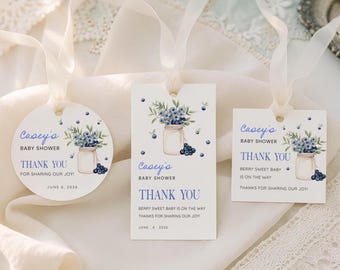 Etiqueta de regalo con sabor a frutos rojos, recuerdo de baby shower de arándanos, editable en Canva
