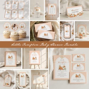 May include: A Little Pumpkin baby shower bundle featuring orange and white gingham patterned stationery, signage, and party decor. Items include invitations, cupcake toppers, food labels, water bottle wraps, and signs with floral pumpkin graphics.