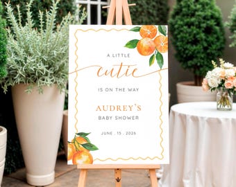 Little Cutie Baby Shower Sign, Orange Citrus Welcome Banner, Editable in Canva (Digital Download)
