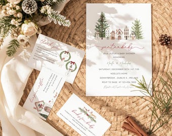 May include: A collection of baby shower stationery, including an invitation with a watercolor illustration of houses and trees, and smaller cards with festive designs. The invitation reads "santa baby" and includes event details.