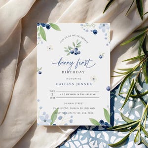 Blueberry First Birthday Invitation: Editable 5x7 Baby Shower Invite (Digital Download)
