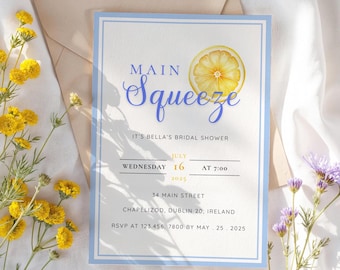 Main Squeeze Bridal Shower Invitation: Editable Citrus Lemon (Digital Download, 5x7 in CANVA)