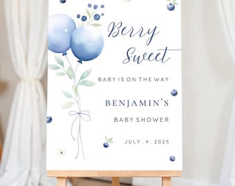 Editable Blueberry Sign Baby Shower, Berry Sweet Baby Shower Sign Blue, Blueberry Baby Shower Welcome Sign, Baby Shower Decor, BA-S19