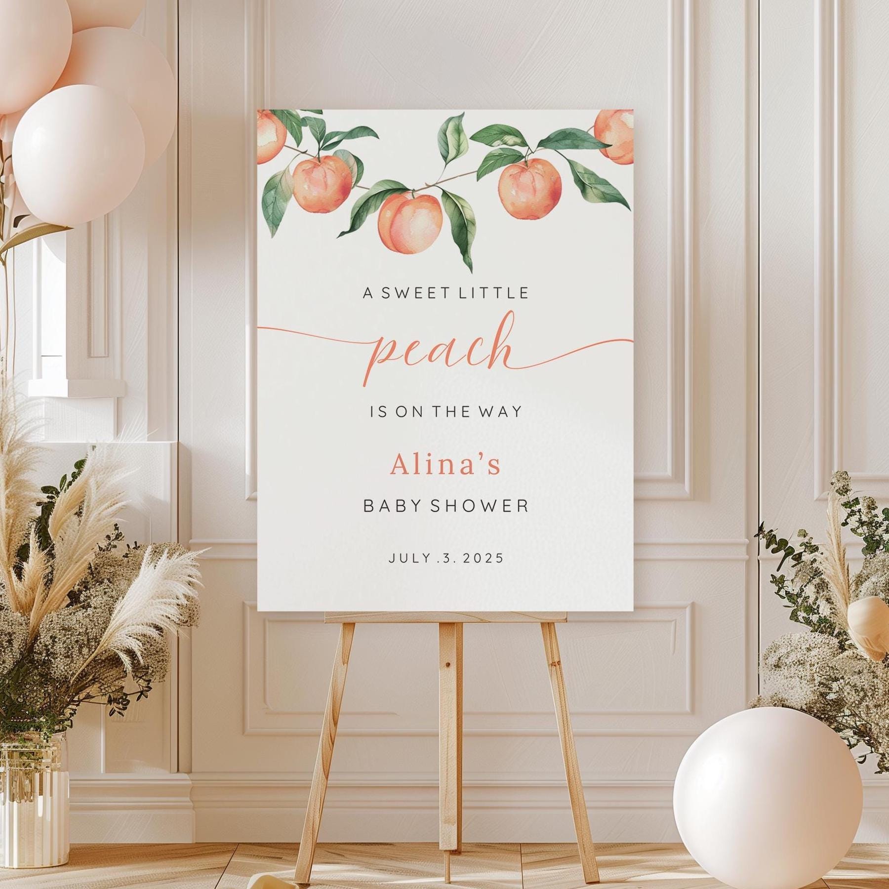 Editable Little Peach Baby Shower Print Sign, Little Peach Is On the Way Sign Baby Shower Welcome Sign, Peach Baby Shower Decoration, BA-S18