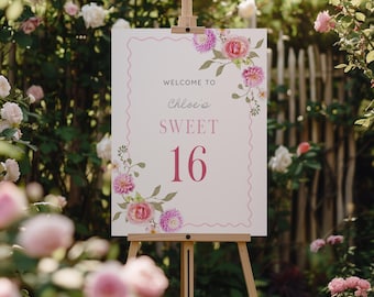 Letrero de bienvenida rosa para fiesta de 16 cumpleaños, plantilla editable de Canva (descarga instantánea)