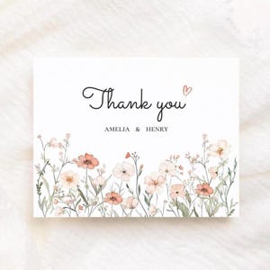 Cartões de agradecimento para casamento com tema floral rosa, faça você mesmo, download instantâneo, cartões de agradecimento com flores silvestres para casamento