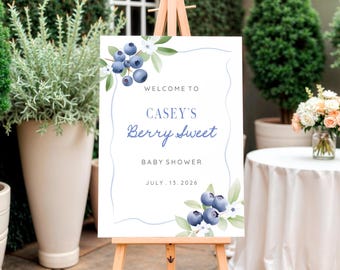 Berry Sweet Baby Shower Sign, Printable Blueberry Decor (Digital Download)