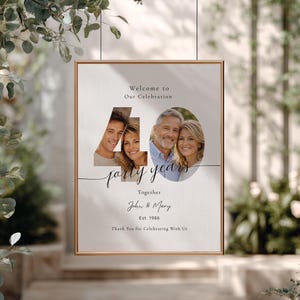 May include: A rectangular framed sign featuring the text Welcome to Our Celebration, a large number 40 containing two circular photo cutouts of a couple, the script text forty years Together, the names John & Mary, Est. 1986, and Thank You for Celebrating With Us.