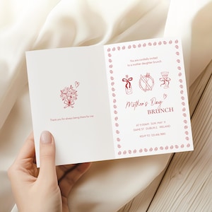 Invitación caprichosa para el brunch del Día de la Madre. Folleto de invitación para el brunch de damas. Plantilla para fiesta del Día de la Madre. Tarjeta de brunch personalizable para mamá.
