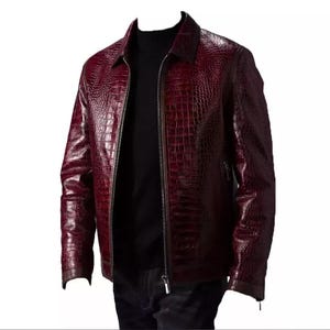 Handmade Custom Crocodile Embossed Red Leather Jacket