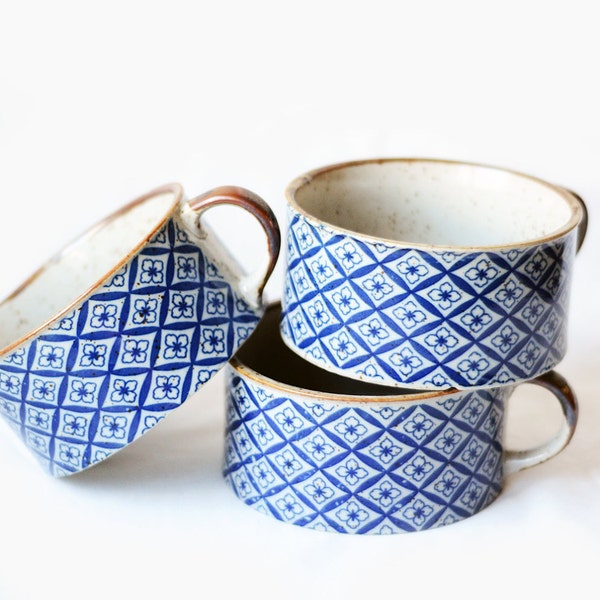 Set of Three Vintage Blue Patterned Mugs