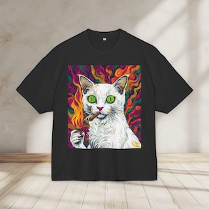 T-shirt in cotone ultra pesante, grafica con gatto psichedelico, spedizione rapida in UE, ideale per gli amanti dei gatti, idea regalo unica