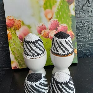 Op de afbeelding: Vier gebreide eierwarmers in zwart-witte strepen. De eierwarmers staan in eierdopjes en worden getoond voor een foto van een cactus.